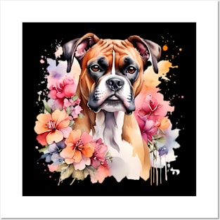 A boxer dog decorated with beautiful watercolor flowers Posters and Art